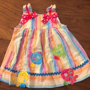 Rare Editions seersucker dress with tropical fish appliqués